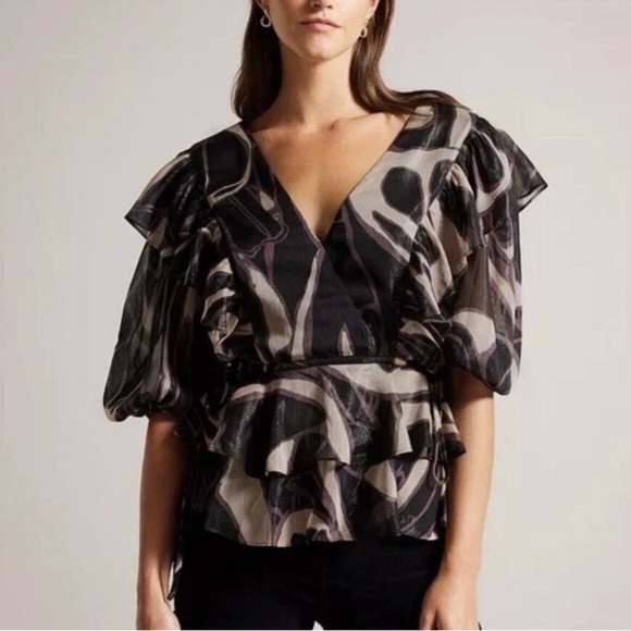 Ted Baker Tops - Ted Baker NWT Jasmyna Metallic Plum and Black Ruffles Puff Sleeve Size 2/M